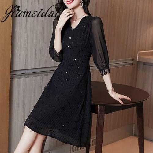 JiuMeiDai 2021 Women Autumn Elegant A-Line Dress Office Lady V-Neck Sequins Robe Femme Vintage Designer Party Clothing Vestidos