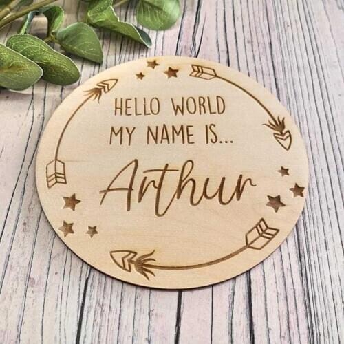 Personalised Boho Birth Announcement Plaque /Hello World Sign Baby Name Announcement /Wooden Baby Sign/ New Baby Gift Photo Prop