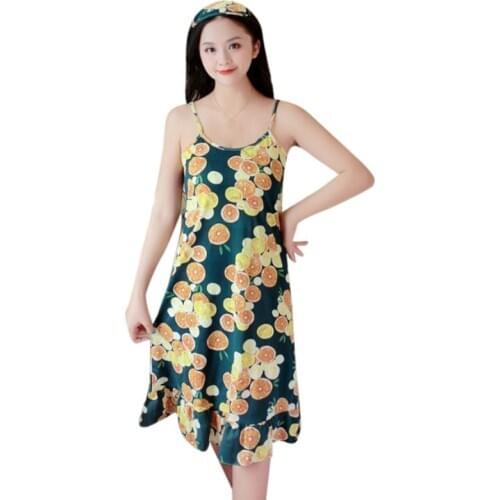 Sexy Sling Nightdress Printing Robe Cute Vestido Homewear Loose Gown Mid-Calf Nightgown Sample Womens Dress For Summer