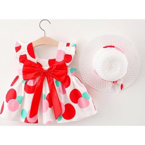 Summer Newborn Baby Girl Clothes Dresses for Girls Dot Beach Bow Sundress Infant Princess Dress + Hat Birthday Clothing Outfits