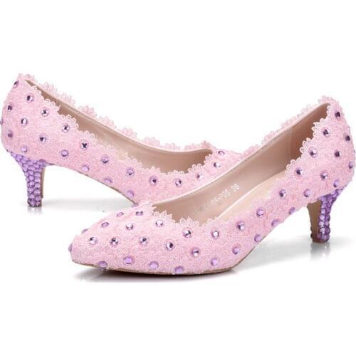 Pink Women Wedding Shoes Pearl High Heels 5CM Pumps Woman Lace Flowers Stilettos Crystal Bridal Shoes Princess Evening Shoes