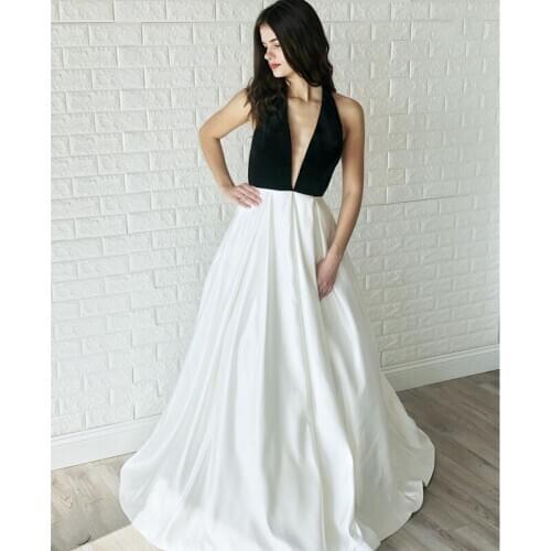 Sexy Black White Velvet Satin Halter Prom Dress Deep V Neck A-line Sleeveless Wedding Party Guest Formal Evening Bridesmaid Gown