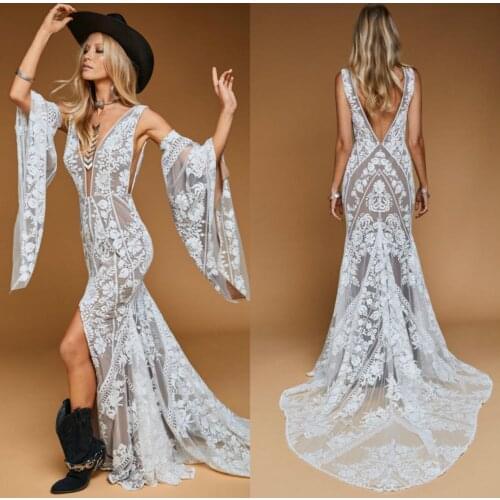 Sexy Backless Front Split Mermaid Wedding Dresses Appliqued Long Sleeve Country Wedding Gowns Custom Made Boho Vestido De Noiva
