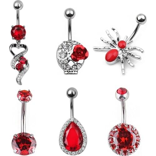 Red CZ Steel Navel Piercing Belly Button Rings Dangled 6 Styles 14G Earrings Piercing Ombligo Body Jewelry For Sexy Women Oreja