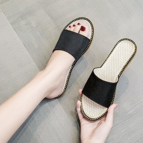 Handmade Ladies Plain Linen Cotton Flat Slides Bead Rivets Shoes Summer Women Open Toe Beach Slippers Beige White Black