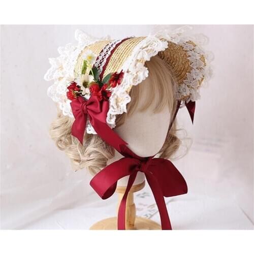 Mori Girl Lolita Handmade Straw hat Gorgeous Elegant Tea Party Flat Cap Multilayer Lace Bonnet Bnt bb Hat B1373