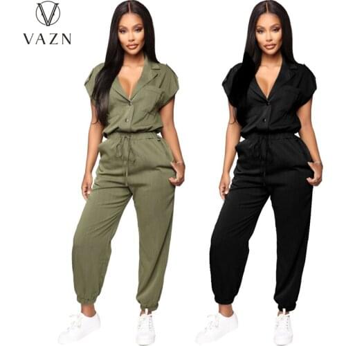 VAZN 2021 Spring Summer High-end Young Casual Chiffon Overalls Solid Short Sleeve Women High Waist Braid Nature Pencil Jumpsuits