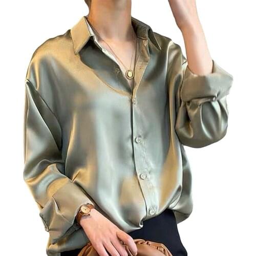 2021 Hot Summer Women Office Blouse Shirts Temperament Solid Color Long Sleeve Lapel Loose Blouse Single-breasted Satin Shirts