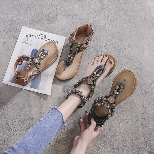 2020 Summer Women Casual Roman Style Sandals Flat Bottom Pinch Low Heel Beaded Sandals Female Summer Slip-on Shallow Flat Shoes