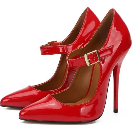 Satin/Patent Leather Pointed High Heels Women Pumps Mary Jane Fine with Large Size 48 Womens Shoes Party Office Shoes 13cm