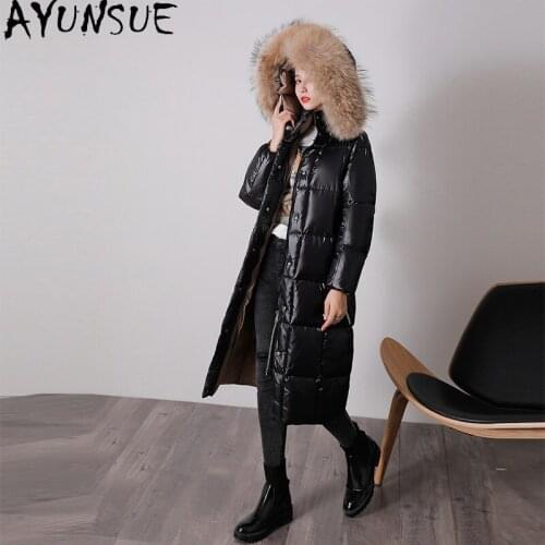 AYUNSUE Womens Down Jacket Long Coat Female 90% White Duck Down Jackets Thick Hooded Parkas Raccoon Dog Fur Collar Ropa Mujer