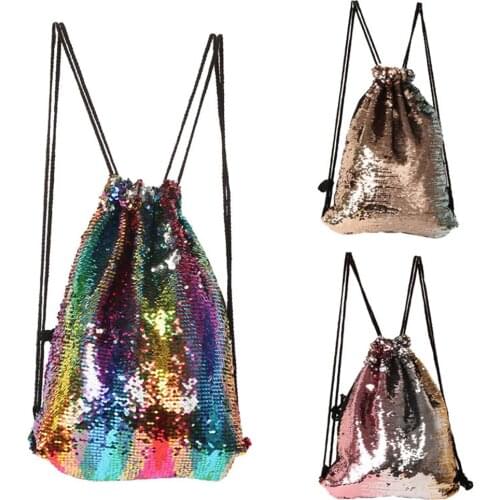 Women Girl Sequins Backpack Outdoor Sports Drawstring Bag Fitness Bag Travel