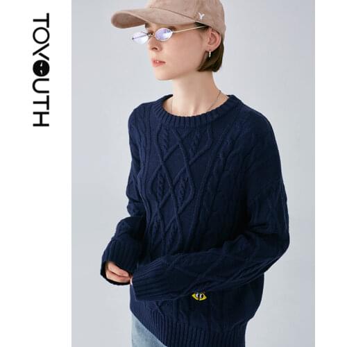 Toyouth Women Pullover Cable Knitted Sweaters Vintage Round Neck Long Sleeve Causal Chic Tops
