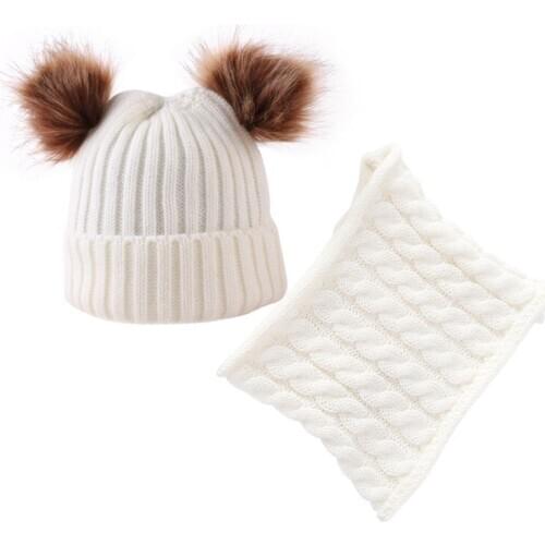 Winter Baby Boy Girl Hat Scarf Ring 2 Piece Set Kids Skullies Beanies Fur Balls Warm Knitted Children Hats & Caps шапка и снуд