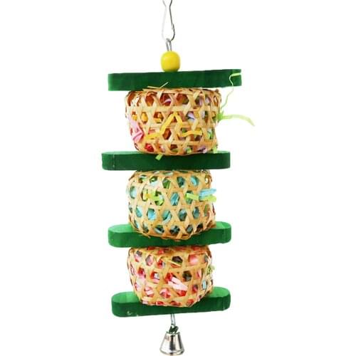 1pc Bird Parrot Toy Wooden Grass Chewing Bite Hanging Cage Swing Climb Chew Toys With Bell Natural Wood Toy Gifts