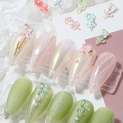 30Pcs/1Box Resin Aurora Rose Nail Jewelry Delicate Shiny Crystal Rose Nail Decoration Small Fresh Mini Flower Manicure Decor