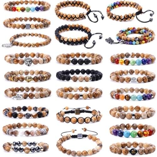 4 6 8 10mm Natural Picture Jasper Beads Yoga Healing Reiki Spiritual Energy Stone 7 Chakra Bracelets For Women Men Jewelry Gifts