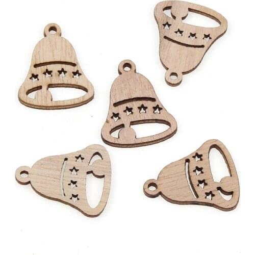 50pcs Christmas Bell Natural Wooden Ornament DIY Scrapbooking Crafts Xmas Embellishments Wood Home Decorations