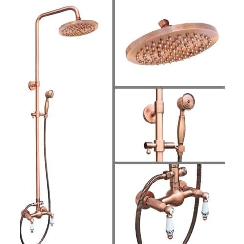 Antique Red Copper Brass Dual Ceramic Handles Bathroom 8 Inch Round Rain Shower Faucet Set Mixer Tap Hand Shower mrg553