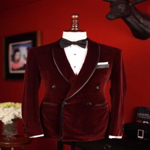 Wine Color Velvet Men Suit Elegant Grooms Wear Costume Made Fashion Formal Blazer New Style Shawl Collar Double Breasted Suit