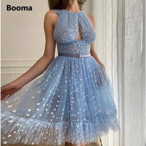Booma Fairy Blue Mini Prom Dresses Keyhole Neck Pleats Printed Hearts Tulle Prom Gowns with Pockets Short Wedding Party Dresses