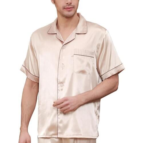 Men Casual Short Sleeve Turn Down Collar Top Pants Pockets Pajamas Sleepwear Set