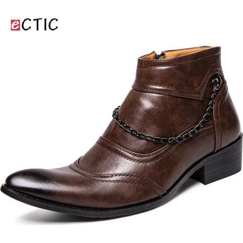 ECTIC Gentleman Winter Men Boots High Top Warm Genuine Leather Handsome Botas Zapato Cool Hombres Metalic Chain Punk