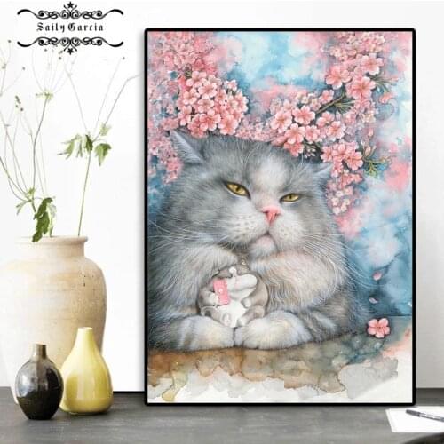 Funny Cute Fat Cat Canvas Painting Animal Poster and Prints Cherry Blossoms Aesthetic Canvas Pictures for Kids Room Home Decor