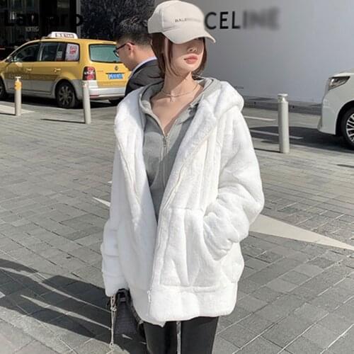 Lautaro White Warm Oversize Faux Fur Sweatshirt Hood Long Sleeve Zipper Winter Clothes Fluffy Jackets for Women 2021 Streetwear
