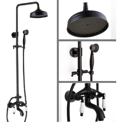 Black Oil Rubbed Brass Wall Mount 8" Rain Bathroom Rainfall Shower Faucet Set with Hand Spray Shower Head Tub Mixer Tap 2hg044