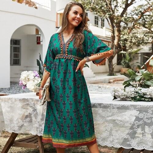 Autumn Indie Folk Style Elegant Chic Dress Fashion Printing V-neck Short Sleeve Loose Waist Casual Beach Maxi Dress New Arrivals