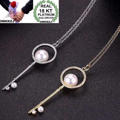OMHXZJ Wholesale Personality Fashion OL Woman Party Gift Key Pearl AAA Zircon 18KT Gold White Gold Charm Pendant Necklace CH81