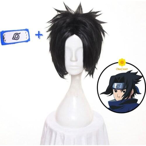 Anime Uchiha Sasuke Cosplay Black Short Wig Heat-resistant Fiber Hair + Wig Cap+ Headband Party Props Men Role Play