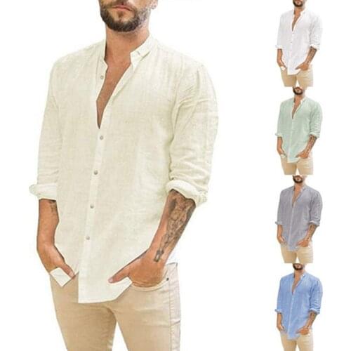 Mens Shirt Linen Long-Sleeved Thin Shirt Spring and Autumn Stand-Up Collar Cardigan Pure Color Loose Casual Male Blouse Top
