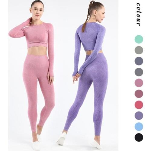 Fitness Workout Clothes SportsWear Women 2pcs Seamless Yoga Set Sport Suit Gymwear High Waist Leggings Long Sleeve Gym Crop Top
