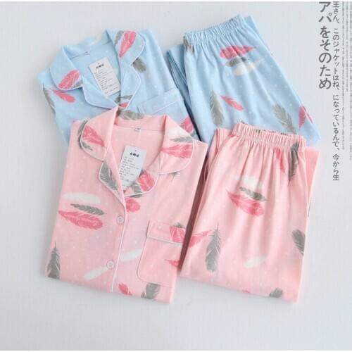 Spring WomenS Cotton Knit Long Sleeve Pajamas Suit Autumn Cotton Loose Home Wear Cardigan 2Pcs Sleepwear Set пижама женская