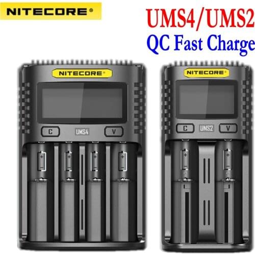 NITECORE UMS4 UMS2 Battery charger QC Fast Charge with 4 Slots Output LCD Display For 18650 14500 16340 26650 21700 AA AAA