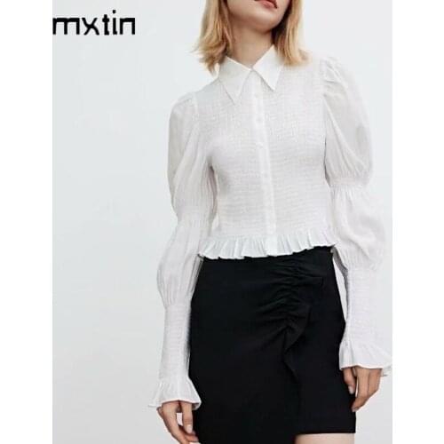 MXTIN 2021 Women Summer Vintage Sweet White Tops Blouses Fashion Turn-down Collar Puff Sleeve Office Ladies Shirts Casual Blusas