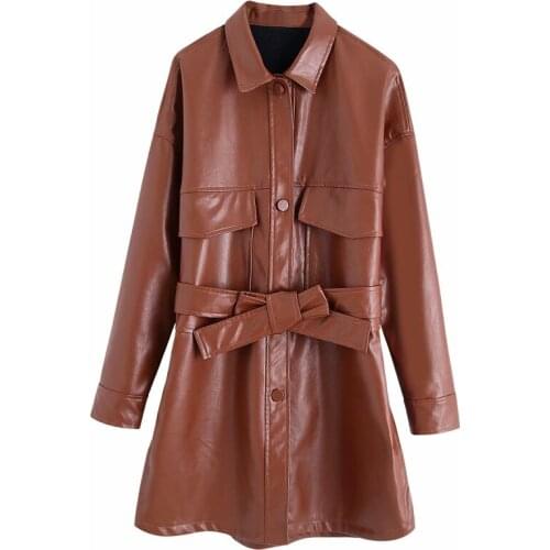 Nice Vinatge Woman Brown Loose Leather Sashes Long Jackets New Spring Vogue Ladies Oversized PU Outerwear Female Casual Coats