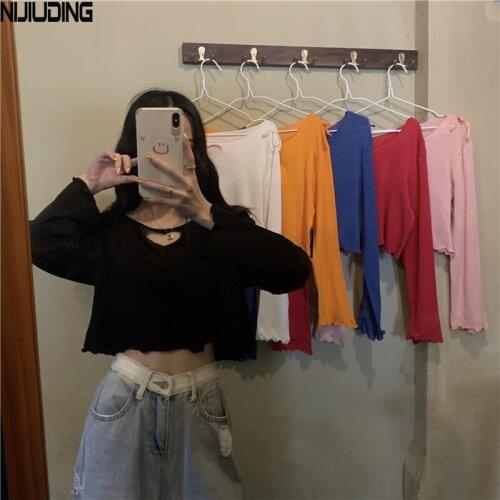 NIJIUDING Women Autumn New Navel Bare Cropped Streetwear Casual Top Solid Hollow Love Long Sleeve T-Shirts Slim Fit Short Female