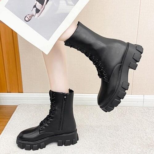 Rimocy Womens Lace Up Square Heels Ankle Boots 2021 Pu Leather Platform Motorcycle Boots Women Black White Chunky Booties Woman
