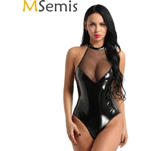 Womens Wetlook Leather Sheer Mesh Bust Spliced Jumpsuit Sexy Latex Catsuit Hot Halter Backless High Cut Teddy Bodysuit Nightwear