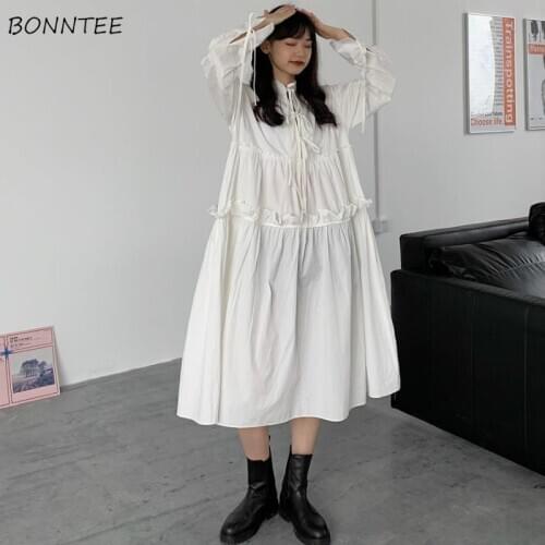 Long Sleeve Dress Women Solid Loose Bow Korean Version Fresh Harajuku Retro Sweet Students Preppy Style Vintage Trendy Basic Ins