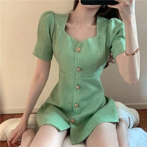 Women Dresses Korean New Summer Green Square Collar Single Breasted Temperament Elegance Femme Mini A-line Dress