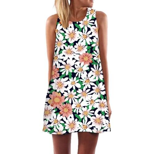 Trendy Womens 2021 Summer New European American Daisy Digital O Neck Print Sleeveless Off-The-Shoulder Vest A-Line Dress