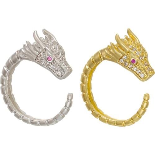 ZHUKOU 1 piece 21x24mm Brass Cubic Zirconia gold/silver color red eye Dragon head adjustable women/men ring Couple rings VJ23