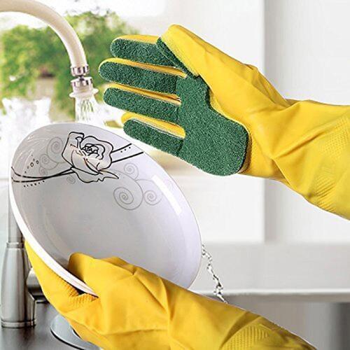 1 Pair Gloves Kitchen Cleaning Glove Dish washing Reusable Scouring Pad Sponge Finger Latex Gloves 25
