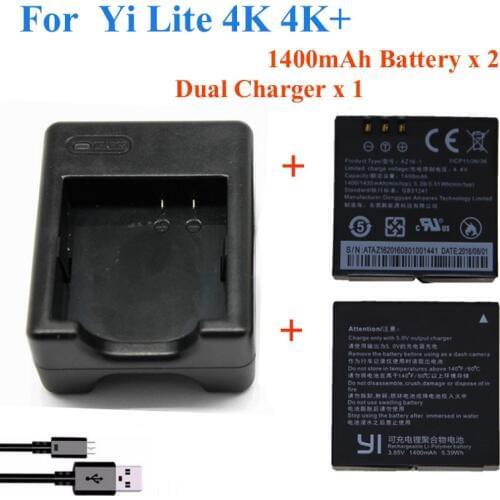 2pcs 1400mah For Xiaomi YI lite / YI 2/ 4Kplus 4k+ Battery+USB Dual Charger For Original xiaomi yi 4k action camera Accessories