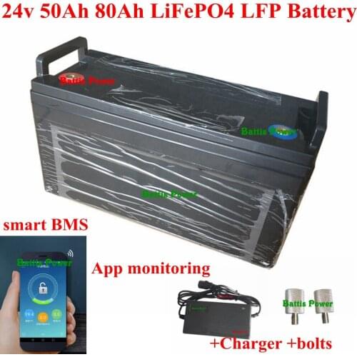 24V 50Ah 60AH 80Ah LiFePO4 Battery 25.6v LFP smart BMS 60A App bluetooth for Boat motor RV power Solar Energy ups + 10A charger