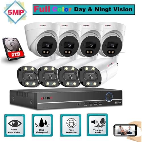 5MP 8CH Two way Audio POE Video Surveillance Camera Set NVR 8 Channel HD Color Night Vision CCTV Security Camera System Kit